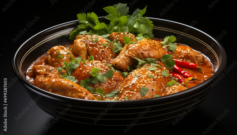 Grilled meat and vegetables on plate, a savory lunch generated by AI Grilled meat and vegetables on plate, a savory lunch generated by AI