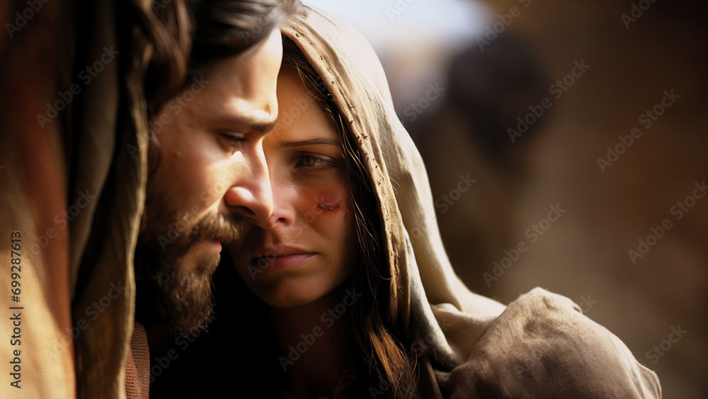 Jesus Christ with a sad woman hugging him - obrazy, fototapety, plakaty 