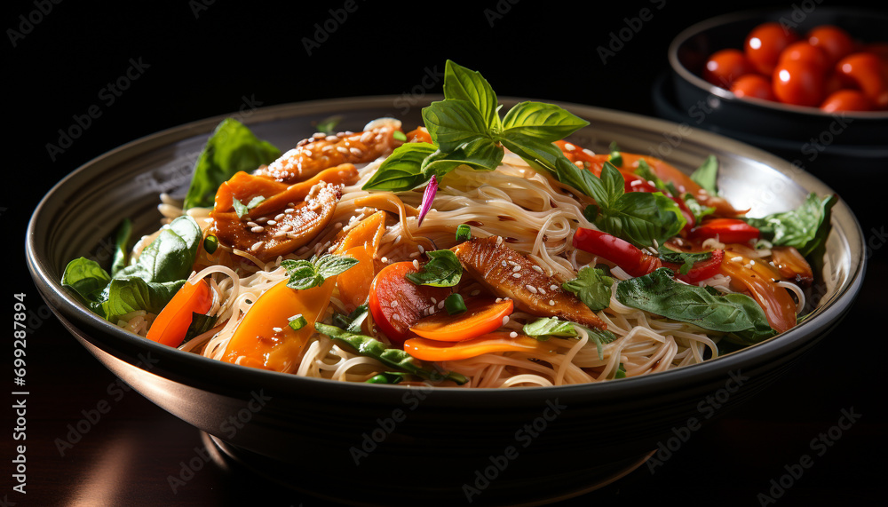 A healthy vegetarian meal with pasta, tomato, and fresh vegetables generated by AI A healthy vegetarian meal with pasta, tomato, and fresh vegetables generated by AI