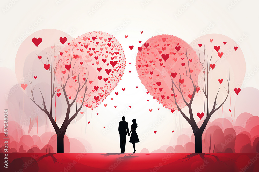 Happy valentine day. A creative composition of hearts on top of the silhouette of a couple