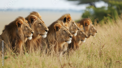 AI-generated illustration of African lions perched atop a grassy plain, surrounded by a wild bush