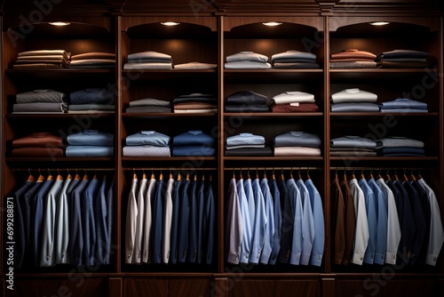 Sophisticated Style. Neatly Arranged T-Shirts on Wooden Hangers for a Well-Dressed Man