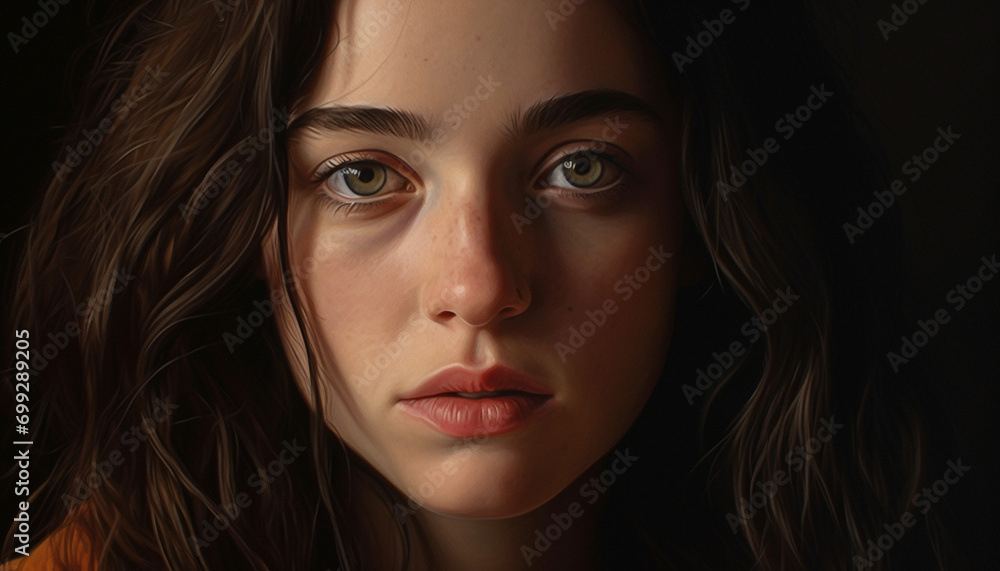 Young adult woman with brown hair, looking at camera confidently generated by AI Young adult woman with brown hair, looking at camera confidently generated by AI