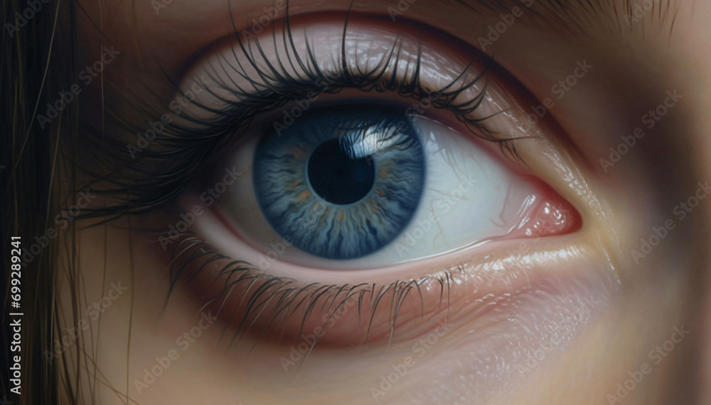 Close up of a woman blue eye, looking at the camera generated by AI Close up of a woman blue eye, looking at the camera generated by AI