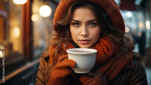 Beautiful Woman Drinks Hot Chocolate, Coffee or Tea in Cold Winter 