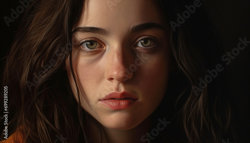 Wallpaper Mural Young adult woman with brown hair, looking at camera confidently generated by AI Torontodigital.ca