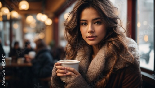 Beautiful Woman Drinks Hot Chocolate, Coffee or Tea in Cold Winter	
