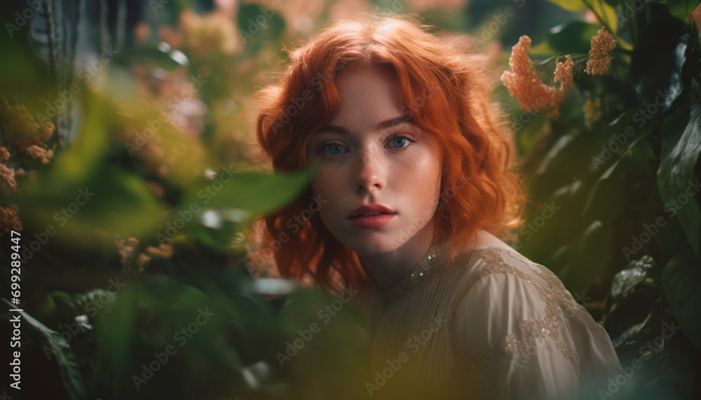 A beautiful young redhead woman in the forest, looking at camera generated by AI A beautiful young redhead woman in the forest, looking at camera generated by AI