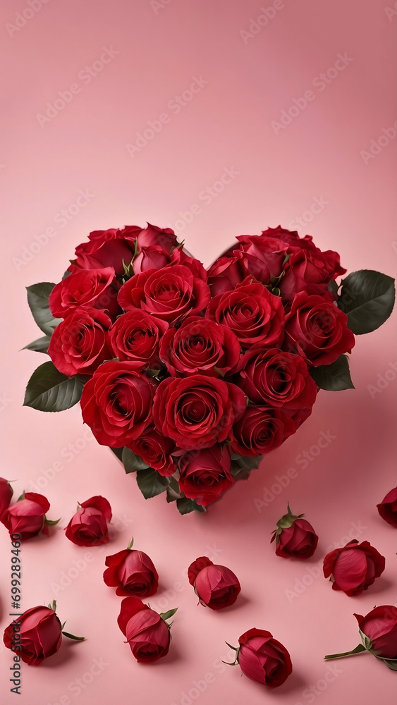 Bouquet of red heart shaped roses and buds on pink background. Valentine's Day.
Bouquet of red heart shaped roses and buds on pink background. Valentine's Day.