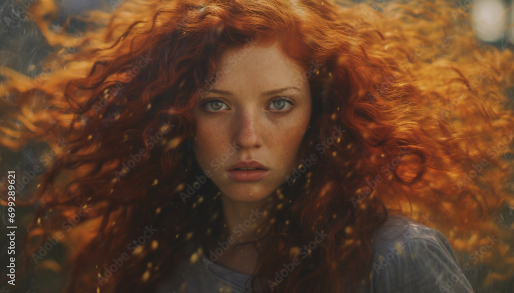 Fototapeta premium A beautiful redhead woman looking at camera, enjoying nature beauty generated by AI