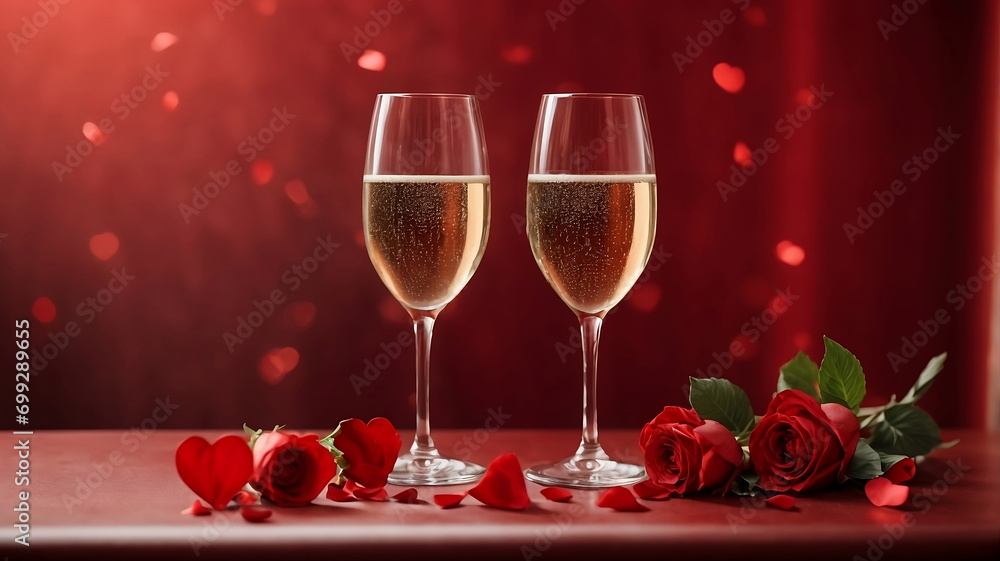 A pair of champagne glasses, roses and Valentine's Day paraphernalia on the table. An atmosphere of coziness, love and mutual understanding A pair of champagne glasses, roses and Valentine's Day paraphernalia on the table. An atmosphere of coziness, love and mutual understanding