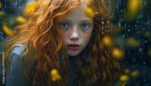 Young adult woman with curly red hair looking outdoors in rain generated by AI
