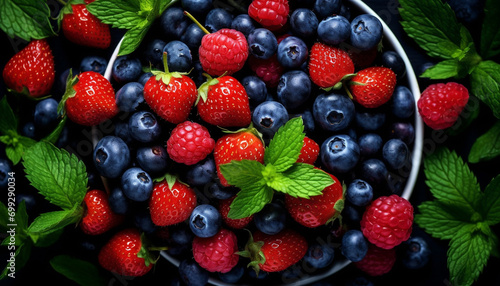 Freshness of summer berries on a wooden table  a healthy dessert generated by AI