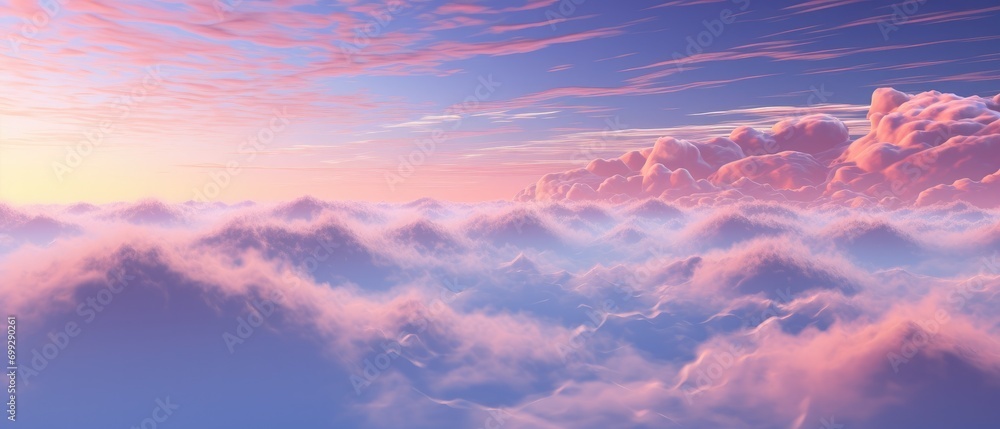 Ethereal cloudscape with pastel sunrise over tranquil mountains. Peaceful nature background.