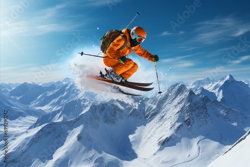 Skilled Skier Performing Mid-Air Jump with Powder Snow Swirling on Clear Day Mountainside photo
