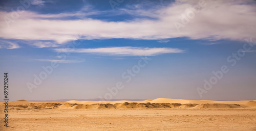 Photo of Sahara desert sandy hills  blue sky  scenery panoramic view. Nature background of landscape desert with sunny sand dunes  summertime. Sahara  Tozeur city  Tunisia  Africa. Copy ad text space