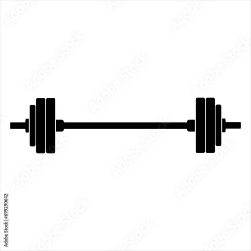 Black and white barbell icon, isolated on white background. Weight-lifting symbol. Sport equipment. Vector illustration. 