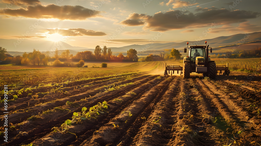 Fototapeta premium Tractor at Work in Agricultural Field - Generative AI