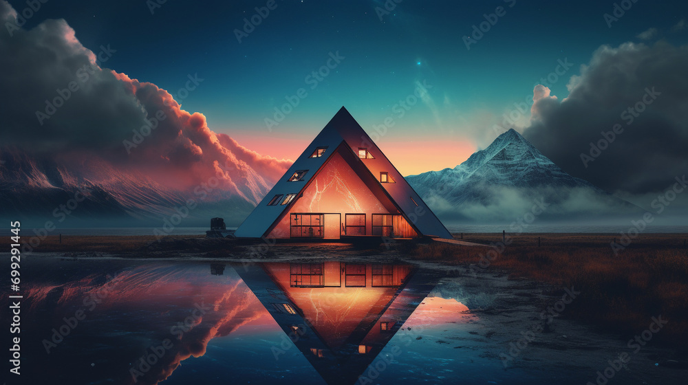 Surreal blend of orange and gold skies above neon blue triangle house, enchanting atmosphere in mountainous landscape, HD perfection.