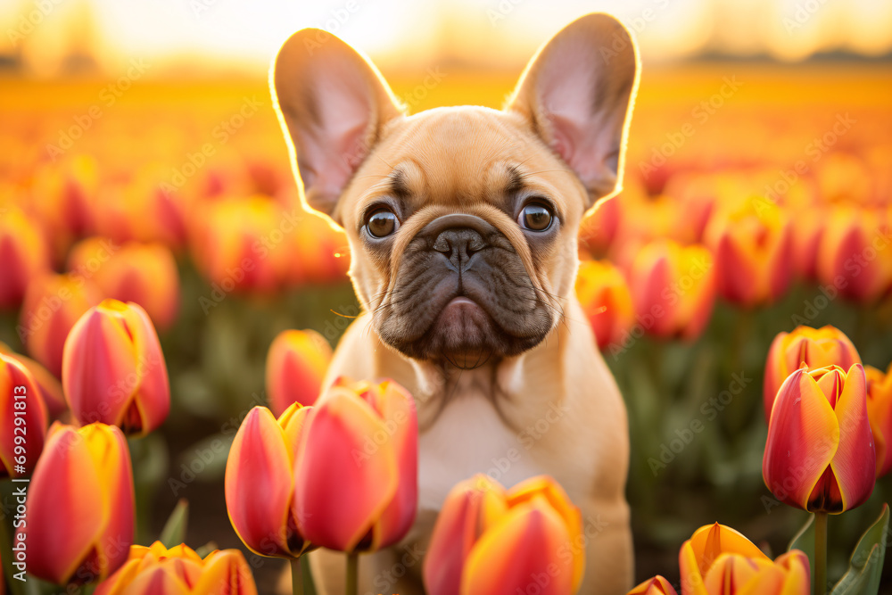 French Bulldog dog in field of yellow and red tulip spring flowers