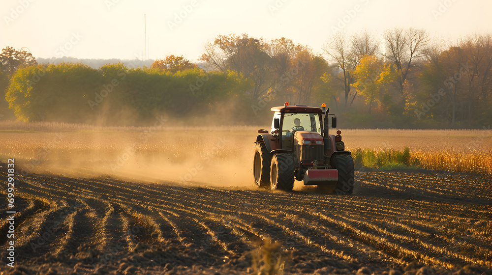 Fototapeta premium Tractor at Work in Agricultural Field - Generative AI