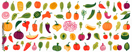Vegetable collection flat hand drawn sketch illustration set. Tropical smoothy juice Ingredients graphic design elements. color clipart photo