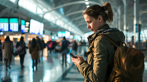 A woman, girl using a mobile phone in an airport - Generated by Generative AI
