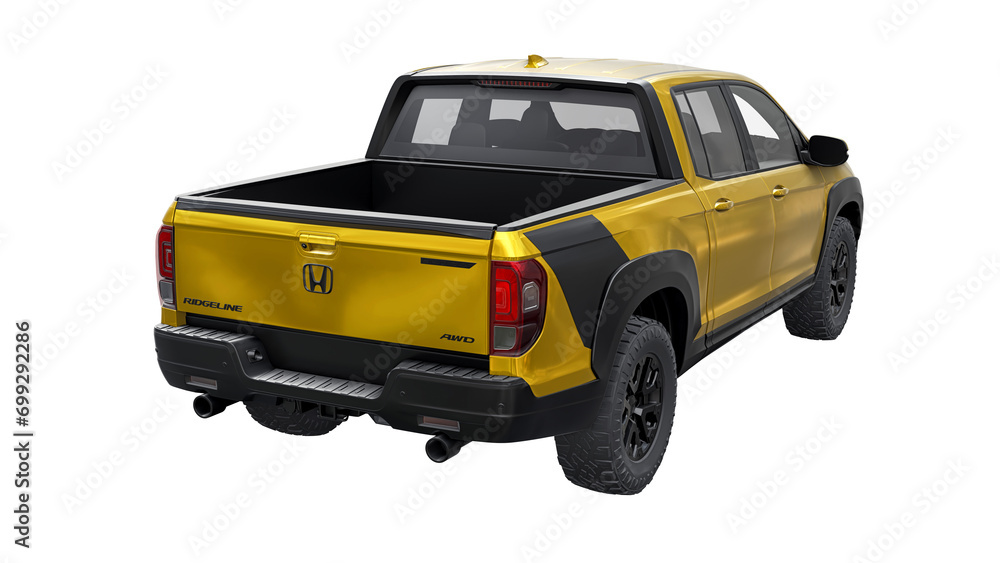Yellow Ridgeline USA, Miami. December 14, 2023. Honda Ridgeline 2022. Yellow mid-size ...
