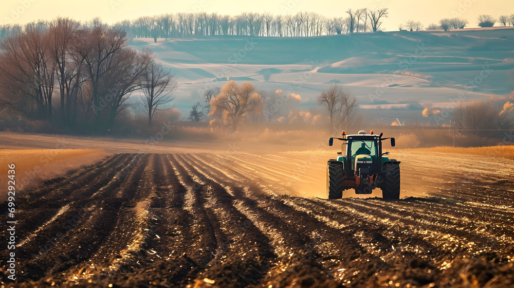 Fototapeta premium Tractor at Work in Agricultural Field - Generative AI