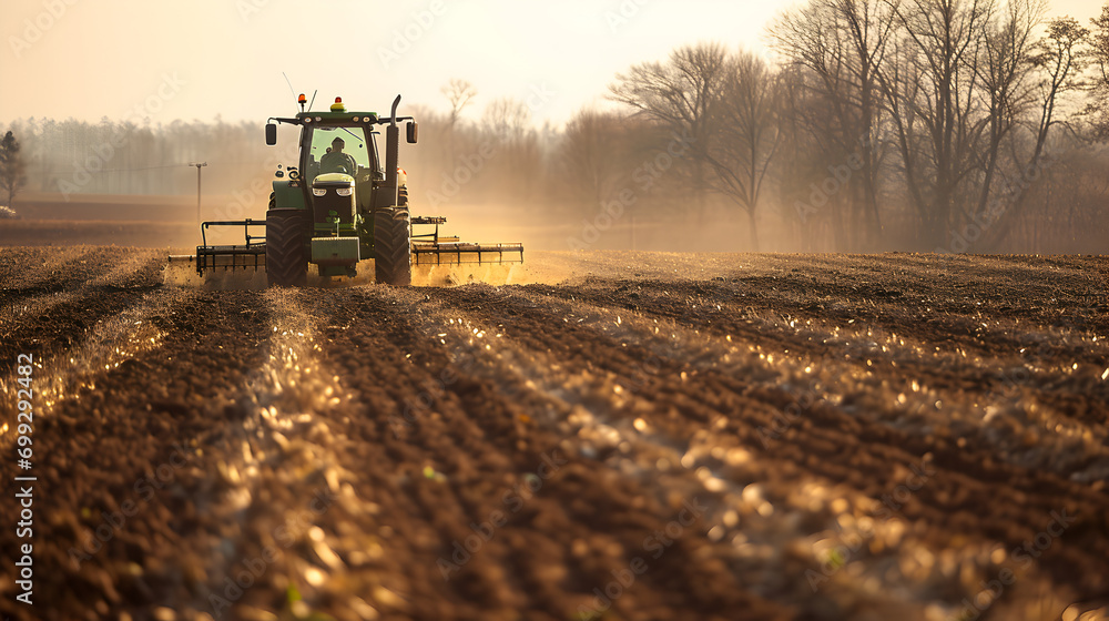 Fototapeta premium Tractor at Work in Agricultural Field - Generative AI