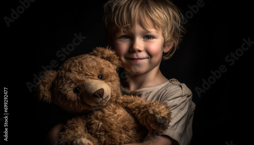A cute, smiling child embraces a fluffy teddy bear with joy generated by AI