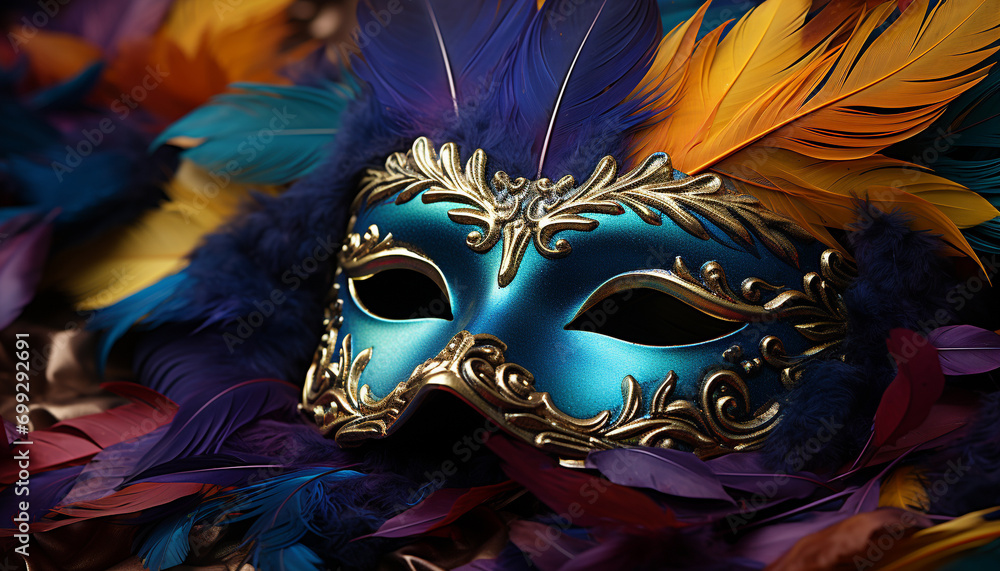 Mardi Gras celebration colorful masks, elegant costumes, mysterious glamour generated by AI