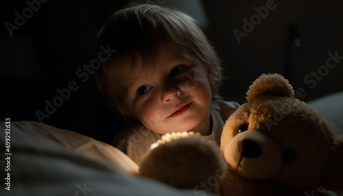 A cute child with a teddy bear, smiling indoors, portrait generated by AI