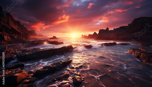 Sunset over the rocky coastline, waves reflecting the tranquil beauty generated by AI