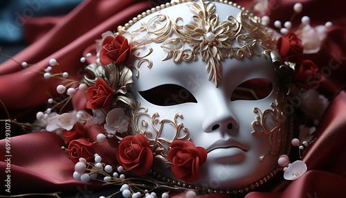 Elegant women in ornate costumes celebrate with colorful masks generated by AI