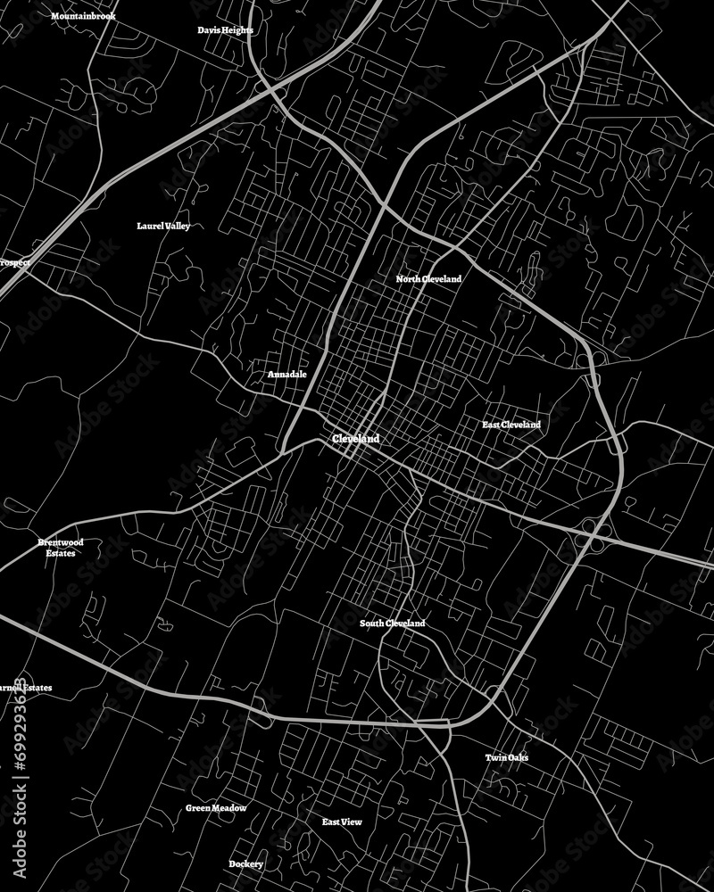 Cleveland Tennessee Map, Detailed Dark Map of Cleveland Tennessee
