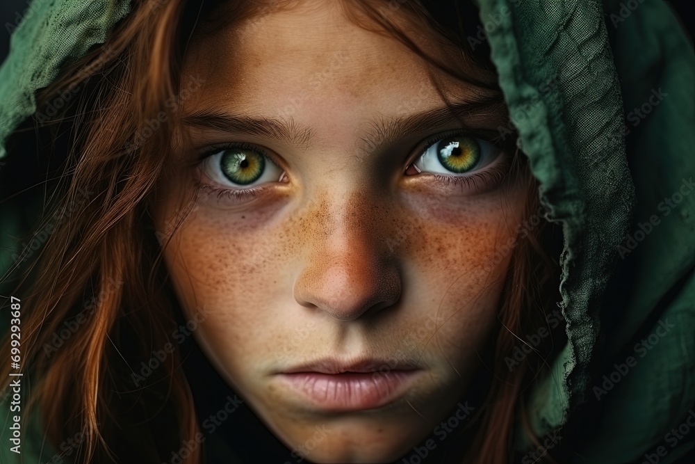 Beautiful green eyes of poor, hungry girl. Beautiful green eyes of poor, hungry girl.