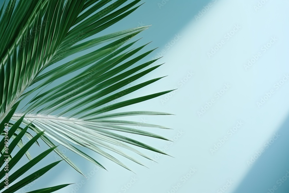 Fototapeta premium Shadow from palm leaves on the light blue wall.