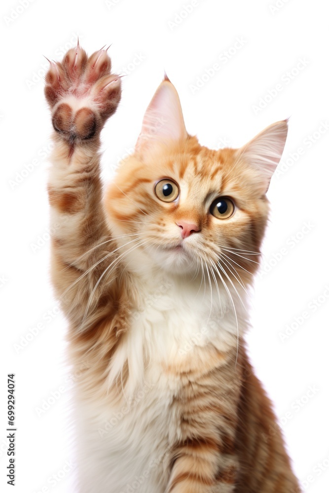 Cat giving high five on white background.
