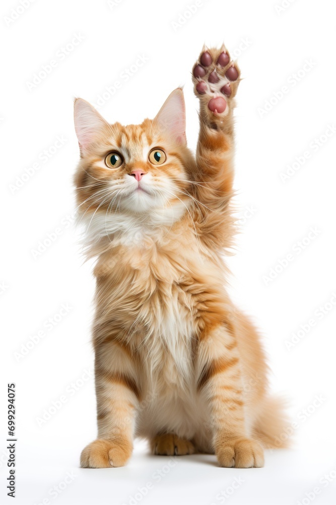 Cat giving high five on white background.