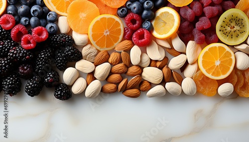 Assorted dried fruits and nuts on a dark background, Concept: healthy and nutritious selection of snacks, healthy snack 