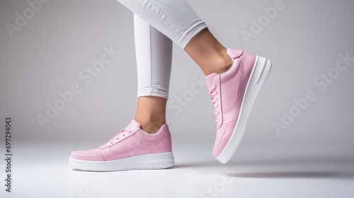 Cropped image of unrecognizable woman in pink sneakers , choosing comfortable shoes, isolated on gray background. Elegance and sport.