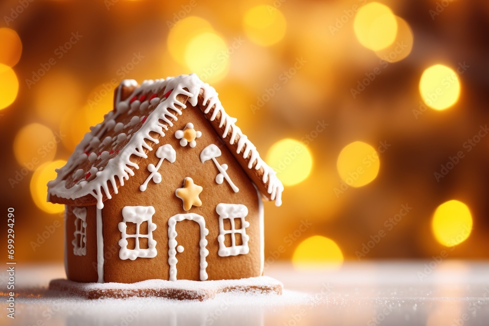 Gingerbread house at Christmas with bokeh background. Gingerbread house at Christmas with bokeh background.