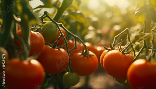 Fresh tomato, ripe vegetable, organic food, healthy eating, green plant generated by AI photo