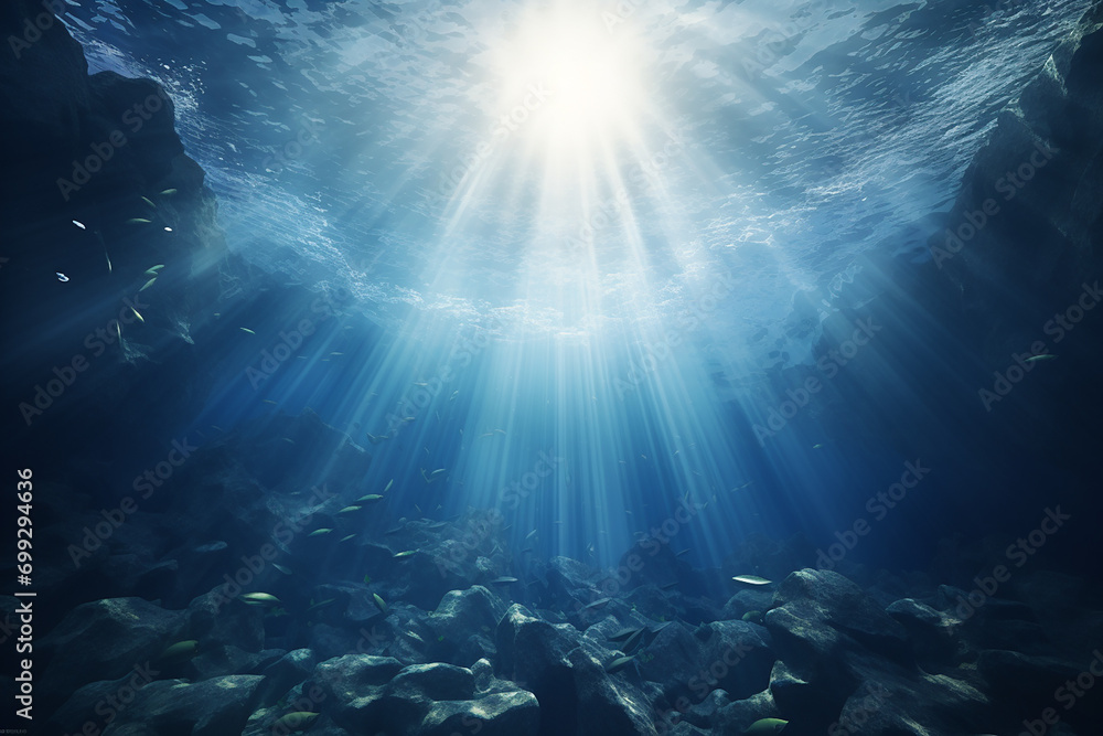 Obraz premium Underwater Sea: Exploring the Deep Abyss with Blue Sunlight - Captivating Oceanic Depths - Created with Generative AI Tools