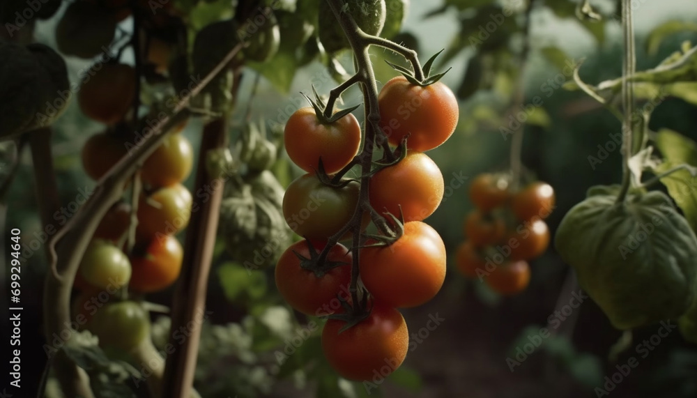 Fresh, organic tomato plant grows in a lush vegetable garden generated by AI