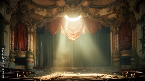 An abandoned, dilapidated theater with torn velvet curtains and faded grandeur. Dust particles dance in the shafts of sunlight streaming through cracks.