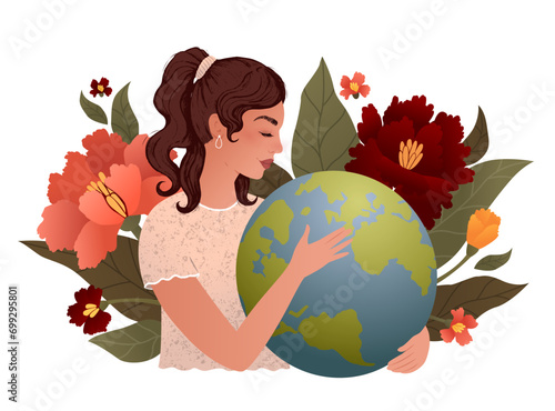 Girl hugs the earth. Environmental problems. Earth Day. International Mother Earth Day. Vector modern flat illustration