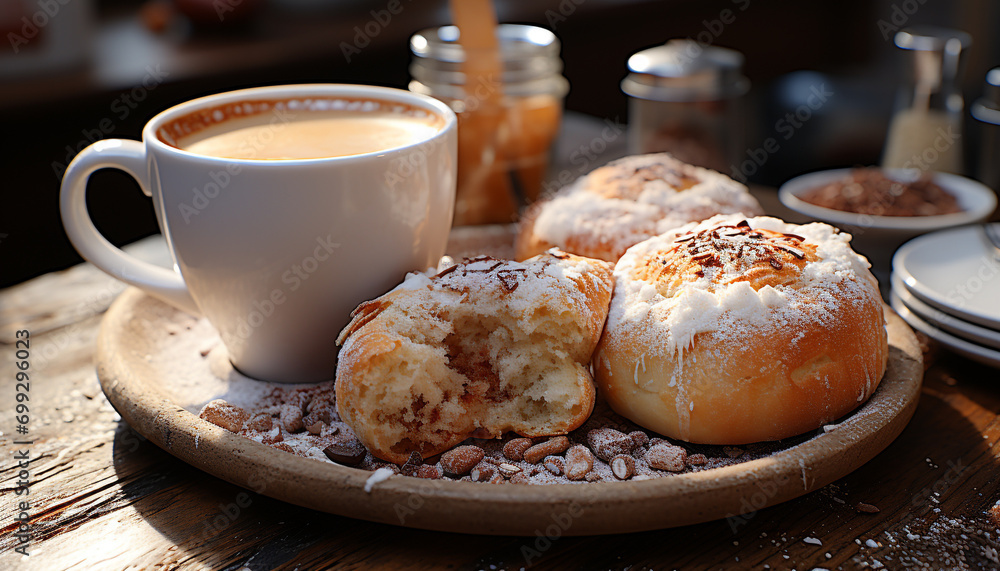 Freshly baked bread and homemade donuts on wooden table generated by AI Freshly baked bread and homemade donuts on wooden table generated by AI