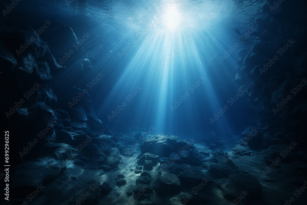 Fototapeta premium Underwater Sea: Exploring the Deep Abyss with Blue Sunlight - Captivating Oceanic Depths - Created with Generative AI Tools